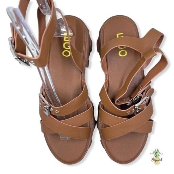 EGO Buckle Ankle Strap Chunky Faux Leather Brown Sandals - Picture 6 of 8